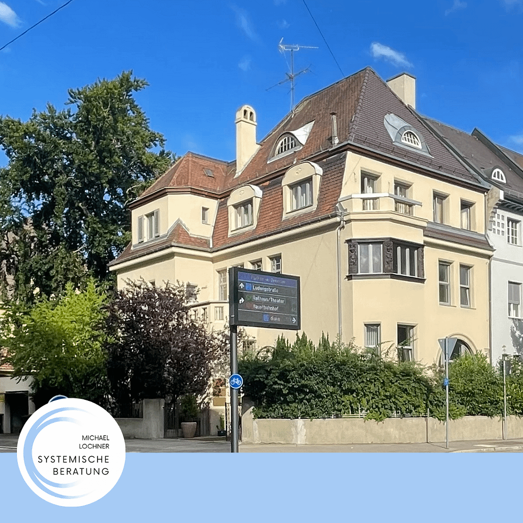 Die Villa Landauer in der Frölichstraße 5 in Augsburg. Die herrschaftliche Villa wurde liebevoll saniert. Im Vordergrund steht ein Bild mit dem Parkleitsystem der Stadt Augsburg. Es zeigt in Richtung Burgkmairstraße. Dort befindet sich das diako Parkhaus. Die Villa Landauer wurde vom deutschen Architekten Theodor von Landauer für seinen Bruder erbaut. Auf einem blauen Hintergrund, Balken, ist zudem das Logo von Michael Lochner, zwei offene Kreise und die Aufschrift: Michael Lochner, Systemische Beratung in Augsburg zu lesen.