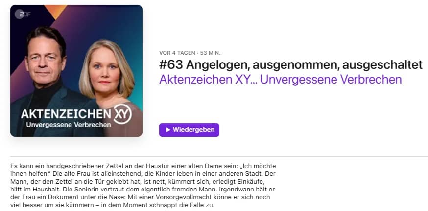 Vorschau zum PodCast der ZDF Sendung Aktenzeichen XY